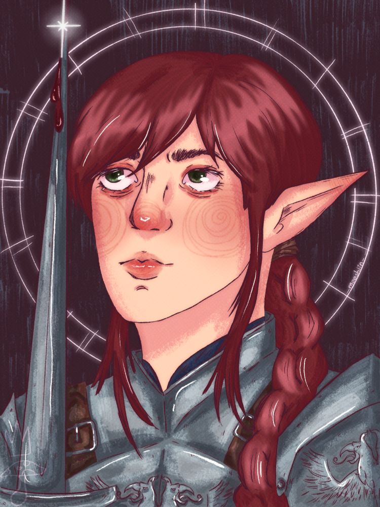 My Iselle Piece, Iselle is an elf with dark red hair, it's braided down her left shoulder. She has green eyes and an almost stern expression. She is wearing silver metal armour, with the symbol of the grey wardens on it. She is holding on the left side of the image, and is staring up at the point. There is a star on the point, and also blood dripping down. There is a halo behind her.