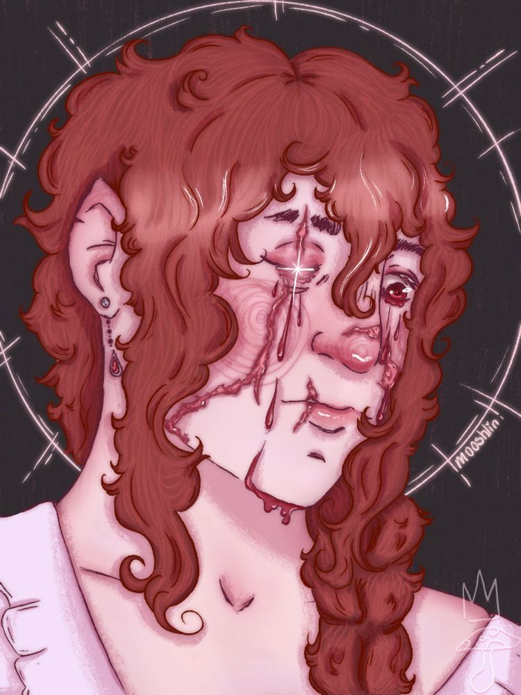 A drawing of my OC, Oberon. Oberon is facing the right. He has red hair and pale skin. His hair is in a braid, though a lot of it hangs loosely, and curls around his face. He has facial scars, one going through his eye, one on the corner of his mouth, and one on his cheek, crossing onto his nose. He only has one eye, and the one with the scar has a glowing star in its place. 

He is crying blood. He's wearing a white shirt, though it's hanging loosely on one of his shoulders. He has a dangling red teardrop earring, and his ear is elven, with a piece of it missing. The background is mostly black, with a sketchy texture. There is a glowing halo around his head.