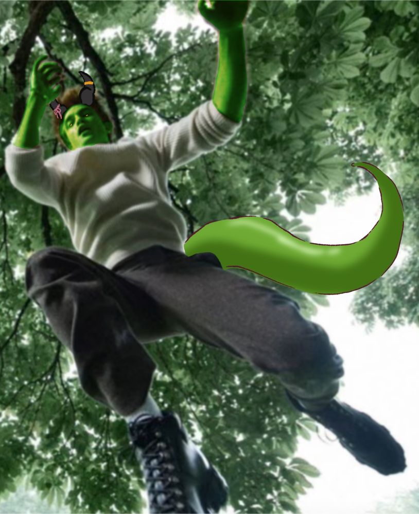 Robert but with green skin, a tail, and horns