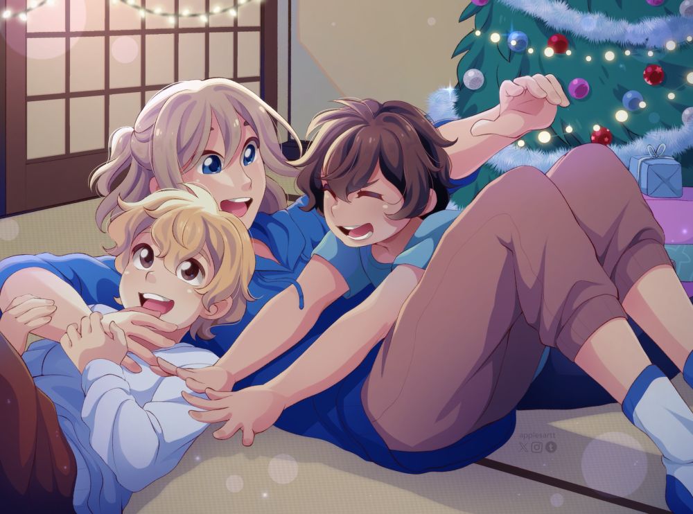 My OC Azu playing with his two younger brothers. They are all happy as they tackle each other on the ground. In the background is a Christmas tree decorated with lights and sliver, blue, red and pink baubles.