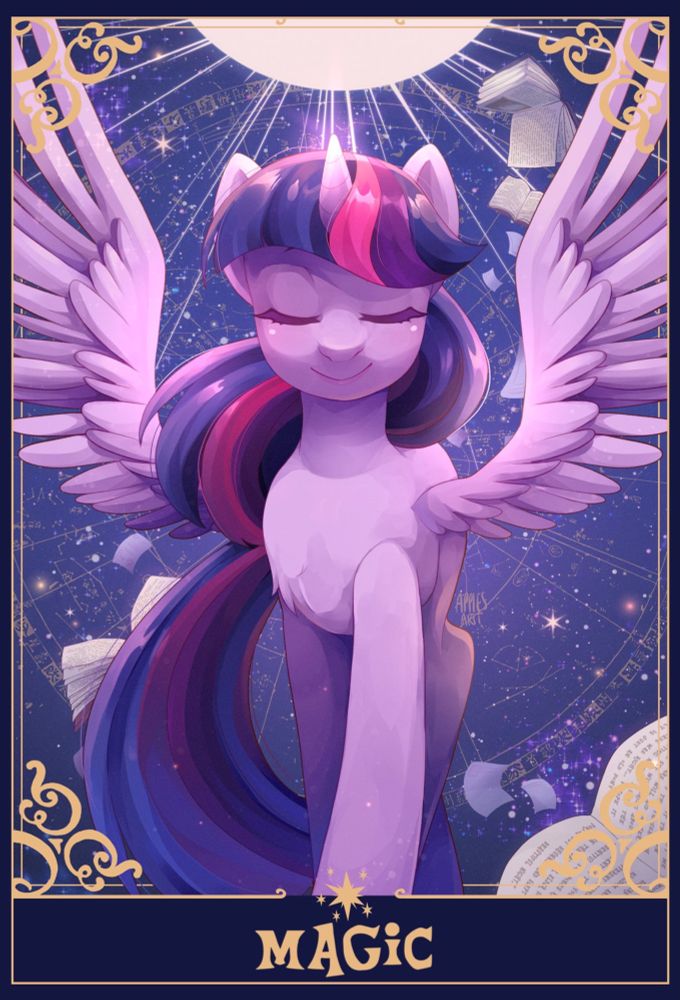 Twilight Sparkle with the sun above her in a starry sky. There are books surrounding her.