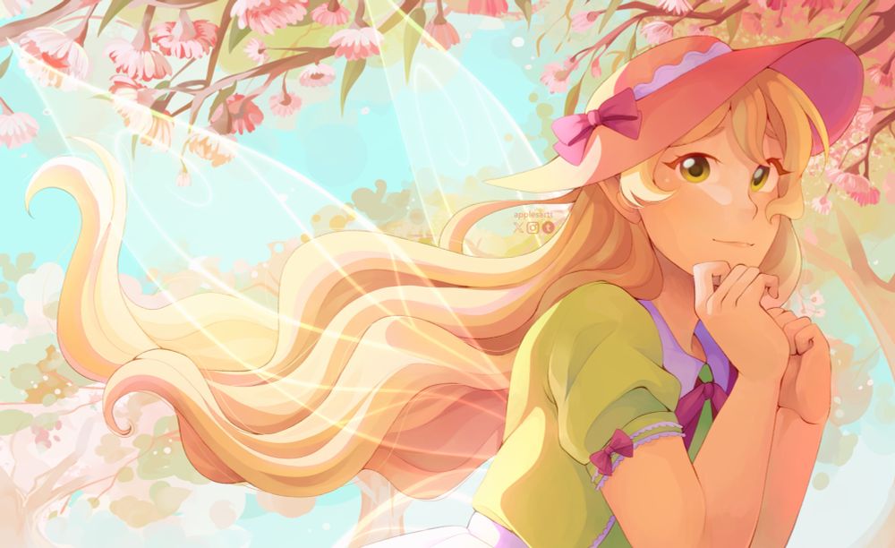 My original character Lumi under a eucalyptus tree sprouting with blossoms. Her blonde hair is blowing in the soft breeze.
