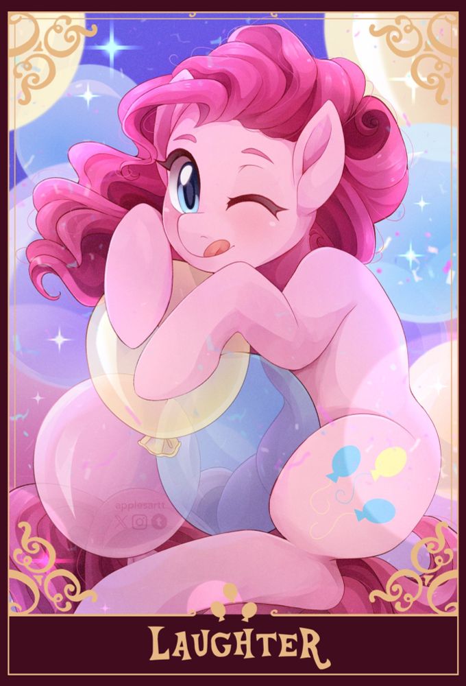 Pinkie Pie floating on balloons in a colourful environment. She is playfully sticking out her tongue.