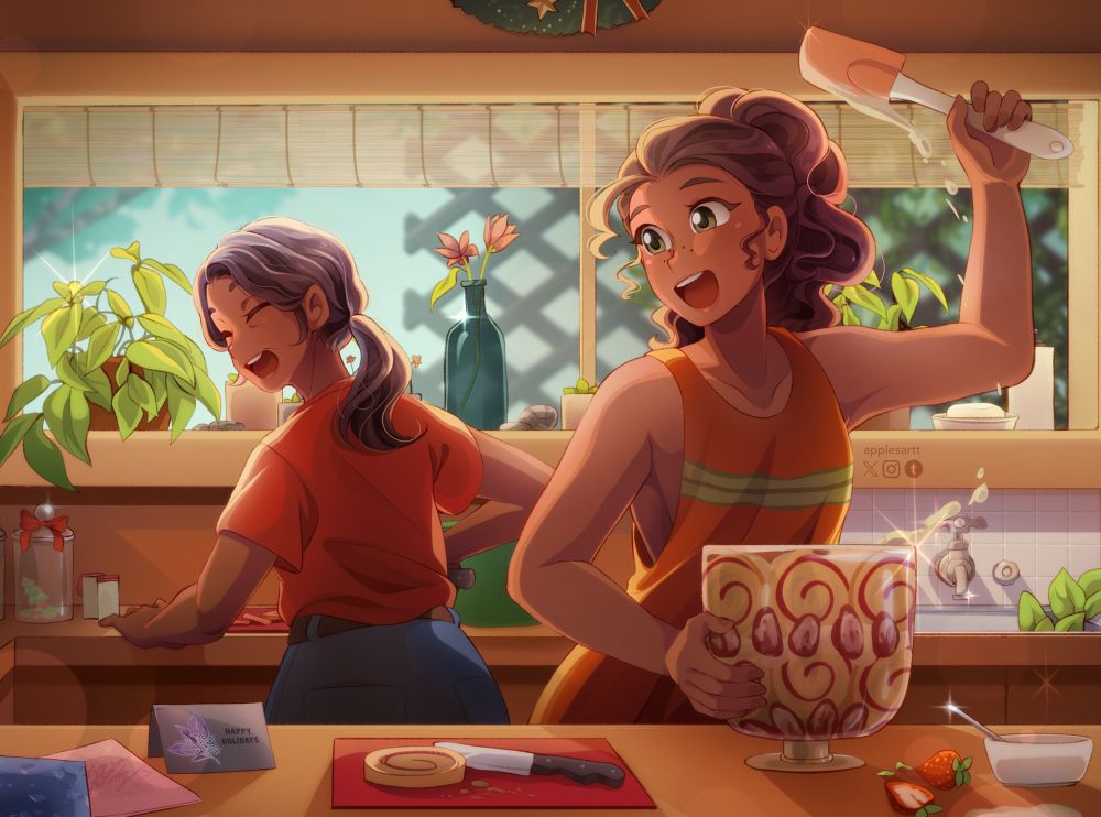 My OC Emilia and her mother Yindi in their cosy kitchen. Emilia is adding frosting to a trifle while Yindi is cutting some vegetables. On the table there are seasonal cards from friends.