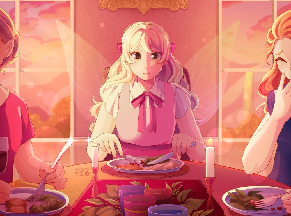 My OC Lumi eating with her family at sunset. She looks uncomfortable as she plays with her food. The table is decorated with red, pink, purple and blue candles.