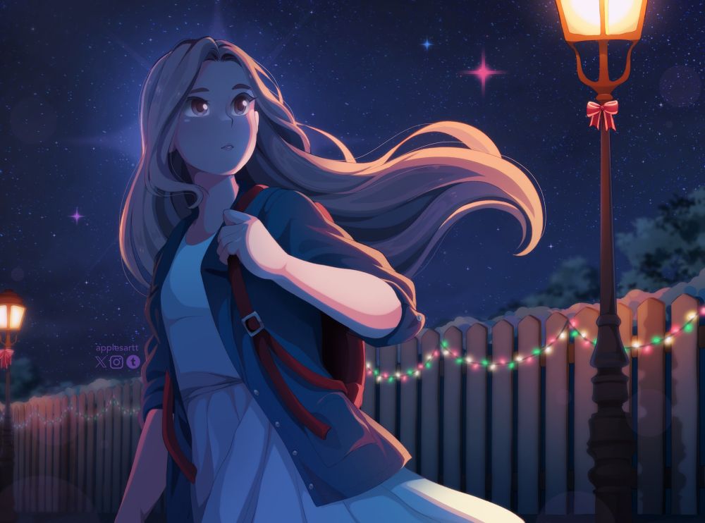 My OC Vee walking through a street decorated with lights and ribbon at night. There is blue, pink, and red starts in the sky.