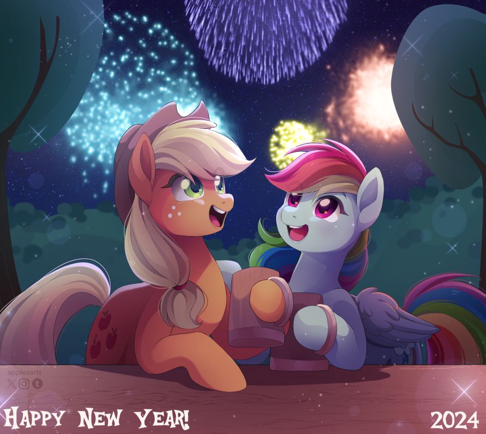 Applejack and Rainbow Dash from My Little Pony looking at colourful fireworks in the sky.