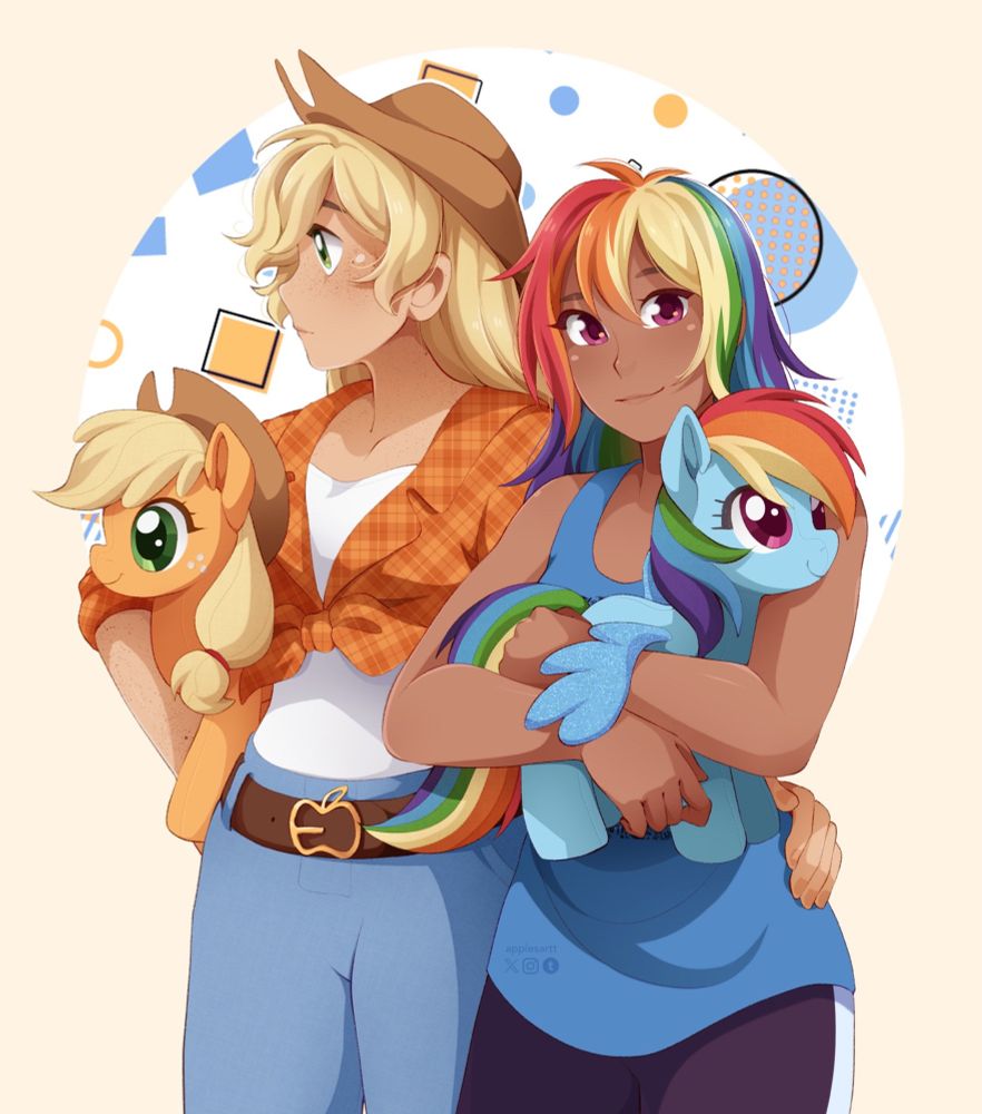 My human applejack and rainbow dash designs holding pony plushies of themselves