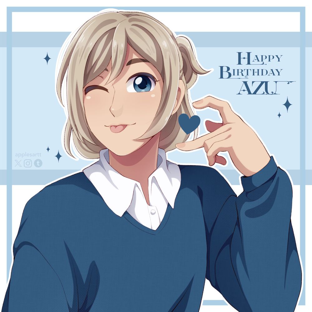 My OC Azu forming half a heart with his hand and holding it up to his cheek. He is poking his tongue out and winking.