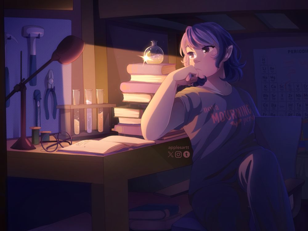 My original character Zhiyu sitting at her desk in a dark room. Her lamp shines down at an open notebook, test tubes and books litter her desk. She has a contemplative look on her face.