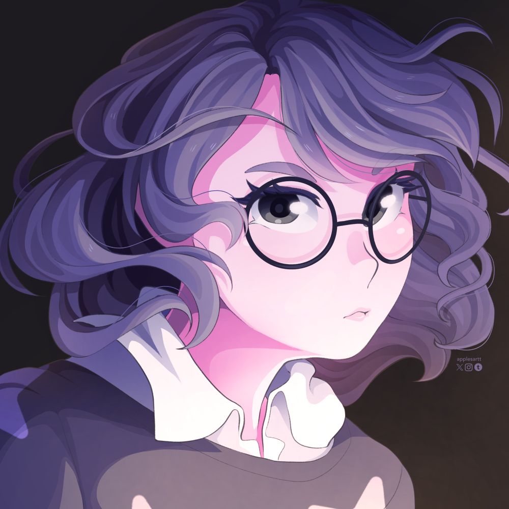 a headshot of my oc zhiyu. Her dark blue hair is blowing as a warm glow emits from the bottom right corner. She doesn’t have a pleasant expression on her face.