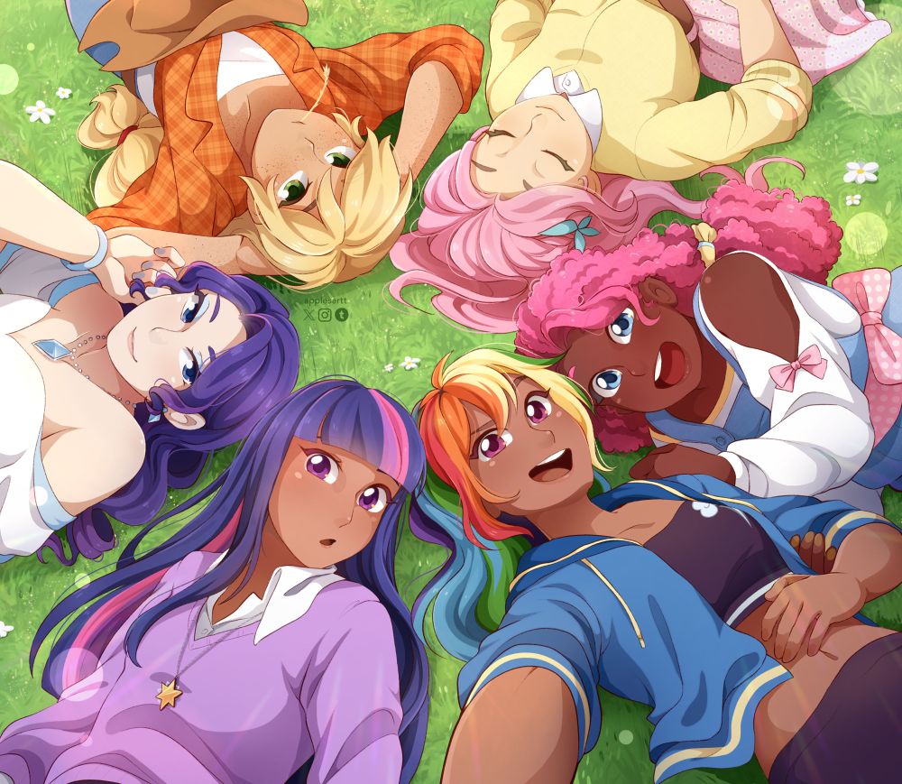 Human mane 6 from my little pony laying in the grass on a sunny day