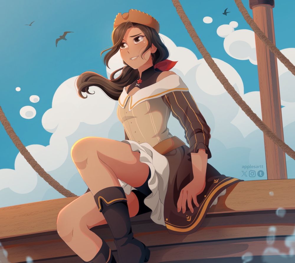 My OC Zaya sitting on the edge of a pirate ship, a big cloud behind her. There is where splashing and she smirks into the distance.