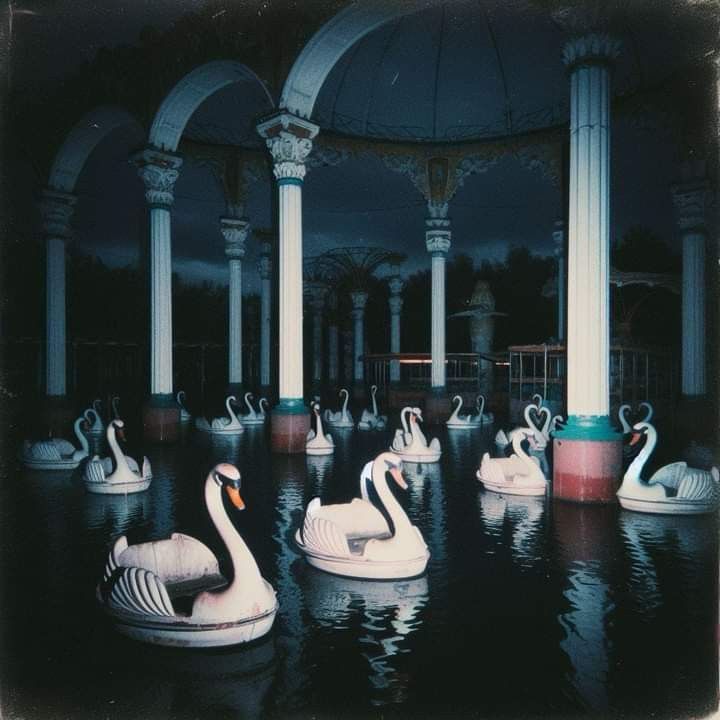 A creepy tunnel of love style room full of swan rides. 