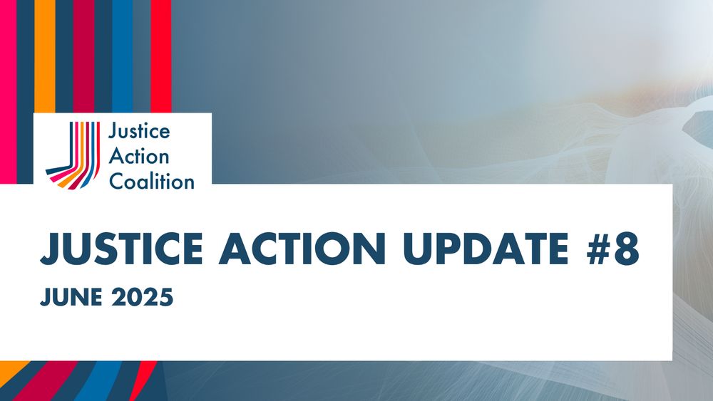 Background photo of network technology abstract background with blue tint. JAC color stripe on left. Text over white background below JAC logo, "Justice Action Update #8. June 2025."