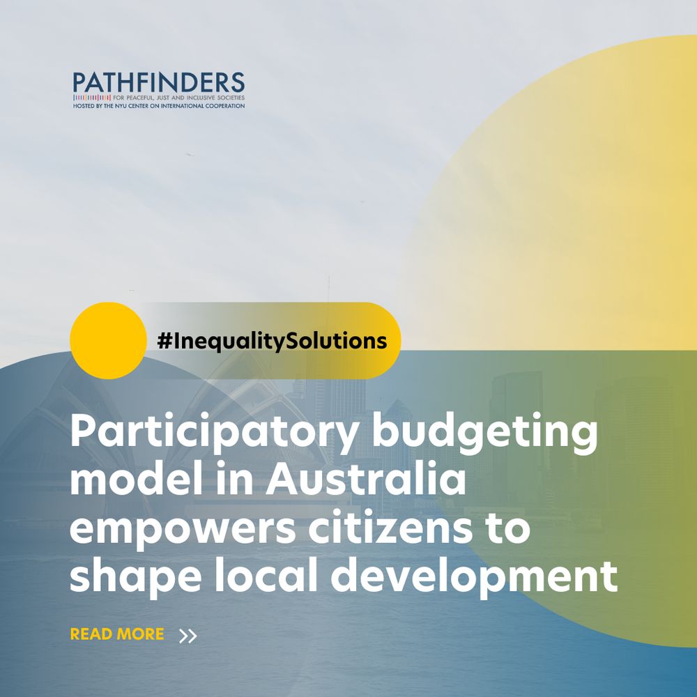 Background photo of Sydney Opera House in Australia with gray tint. Pathfinders logo on top left. Text, "#InequalitySolutions; Participatory budgeting model in Australia empowers citizens to shape local development; Read more."
