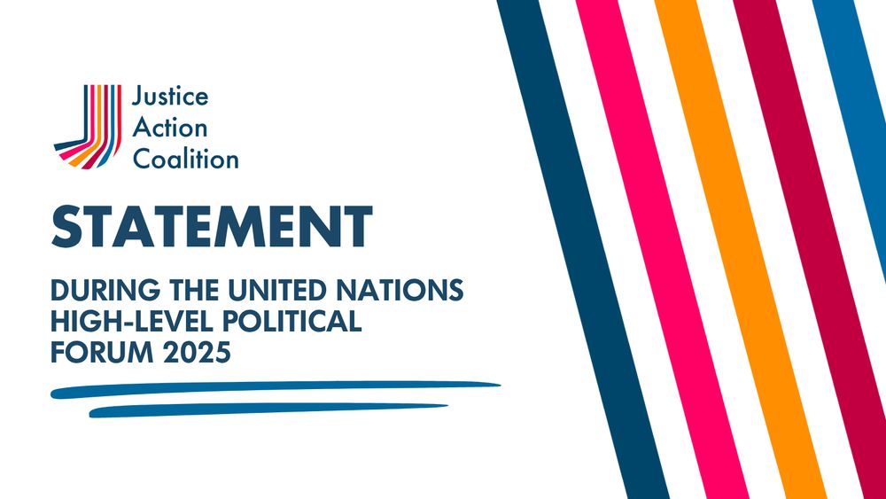 Justice Action Coalition logo. Text: "Statement, DURING THE UNITED NATIONS HIGH-LEVEL POLITICAL FORUM 2025" over two blue lines. Five diagonal lines are on the right side of the graphic.
