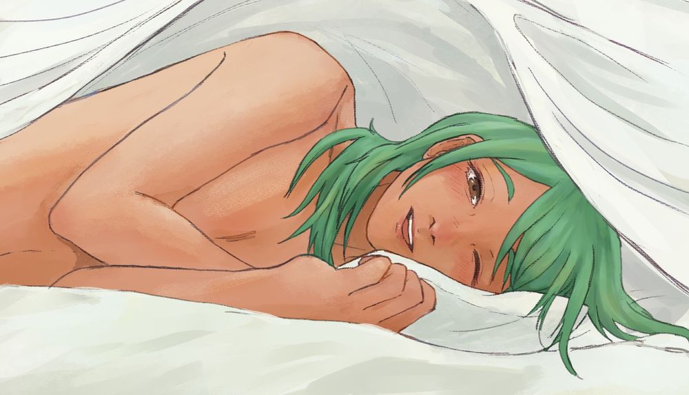 David Ashur from visual novel "of the Devil" portrayed amongst gauzy white sheets in the style of a "dead wife flashback"