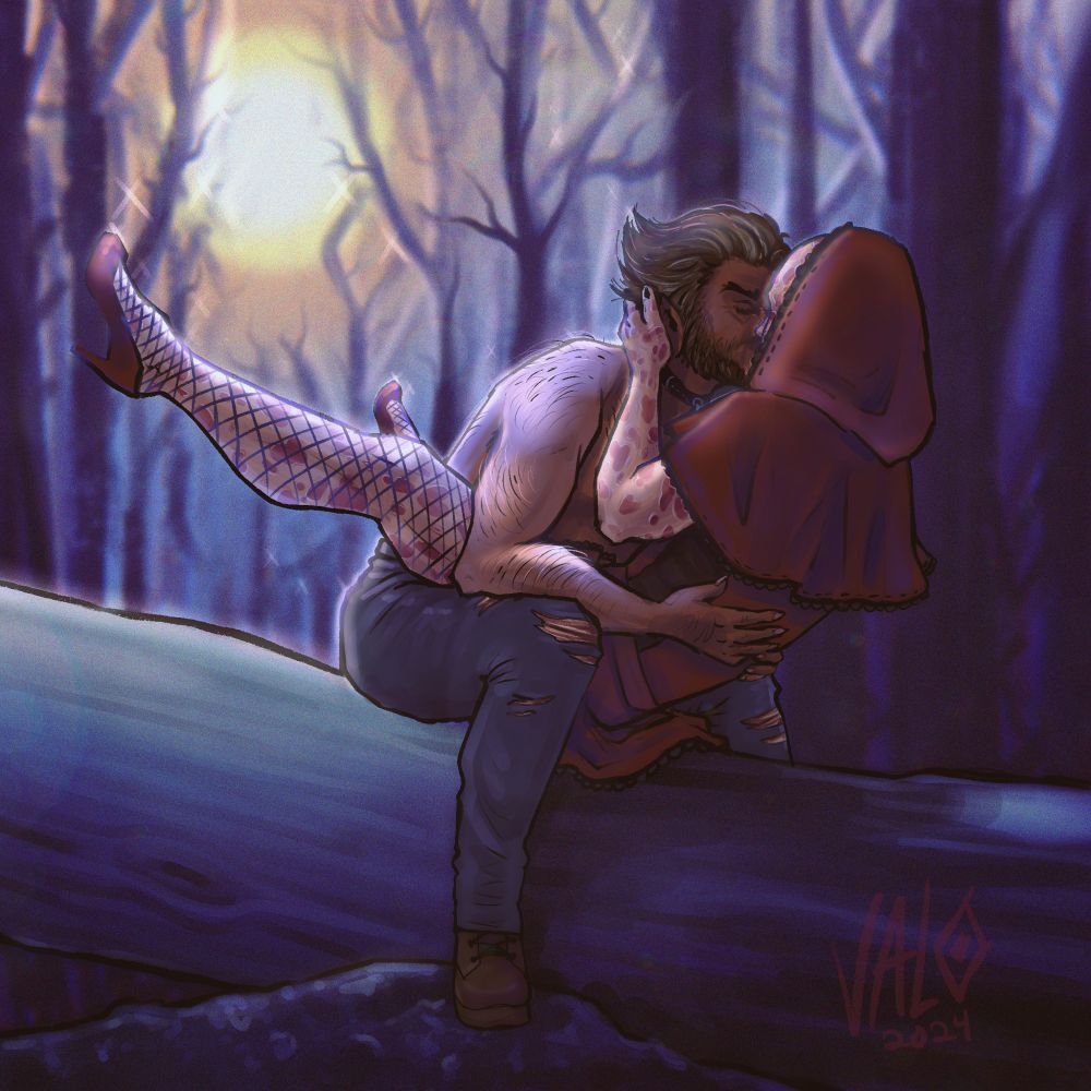 drawing of Deadpool and wolverine as little red riding Hood and a wolf making out on a log in the woods