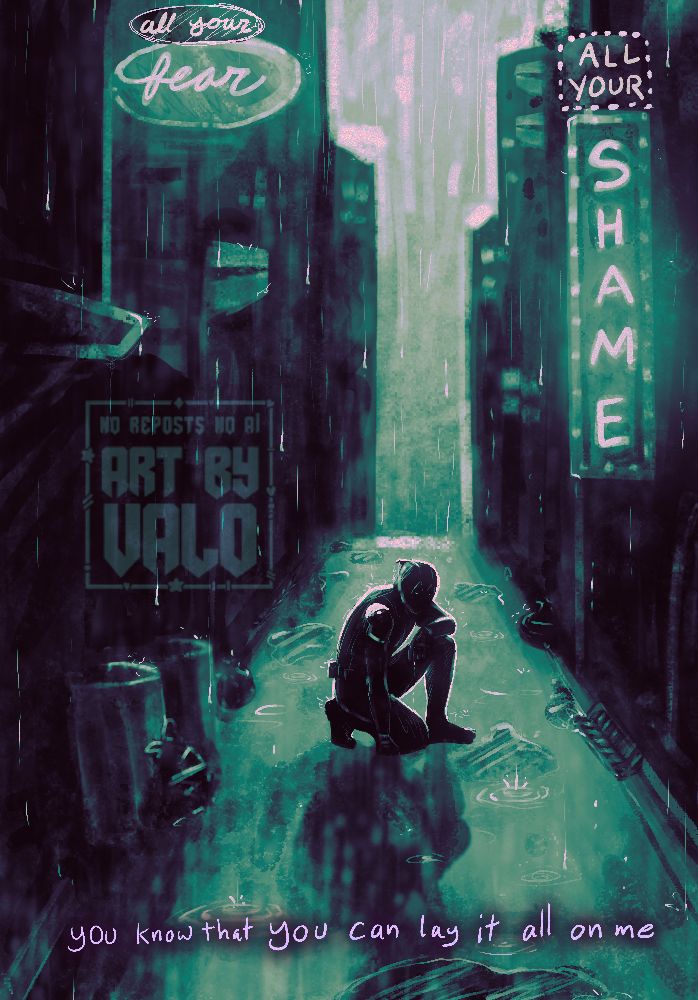 digital painting of deadpool kneeling in a wet alleyway full of trash while it rains