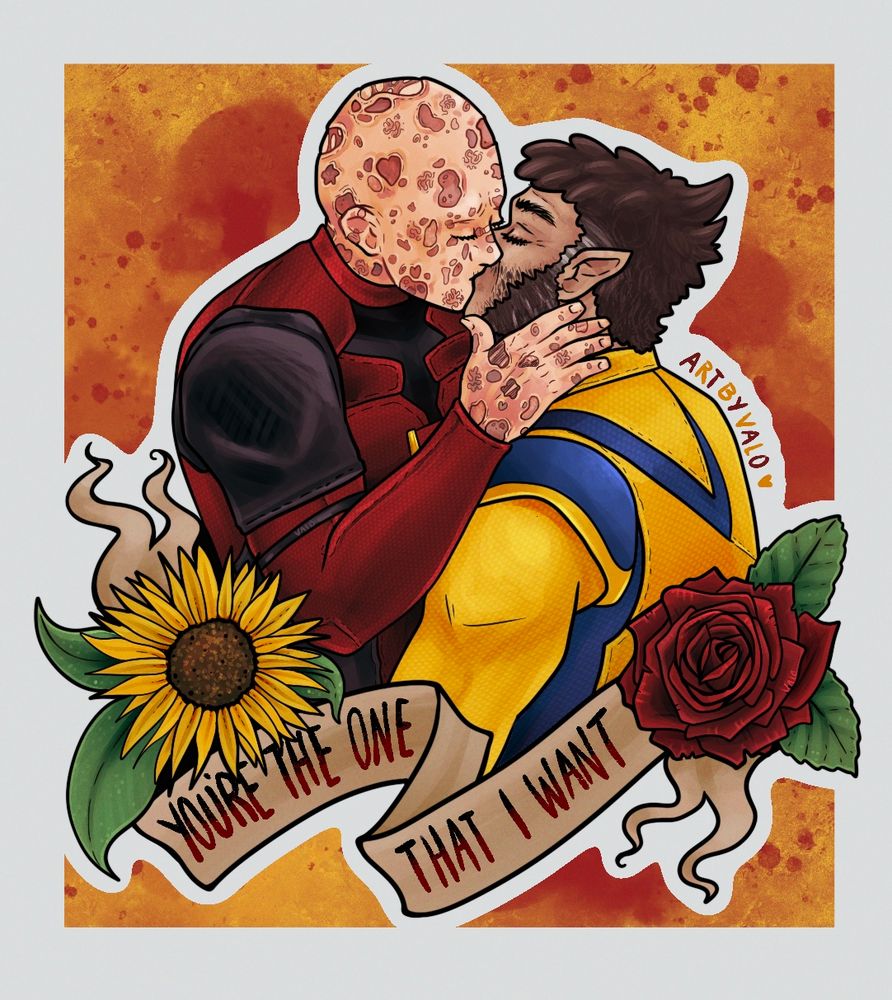 drawing of Deadpool and Wolverine sharing a tender kiss. between them is a banner framed by a sunflower and a rose that reads “you’re the one that i want” 