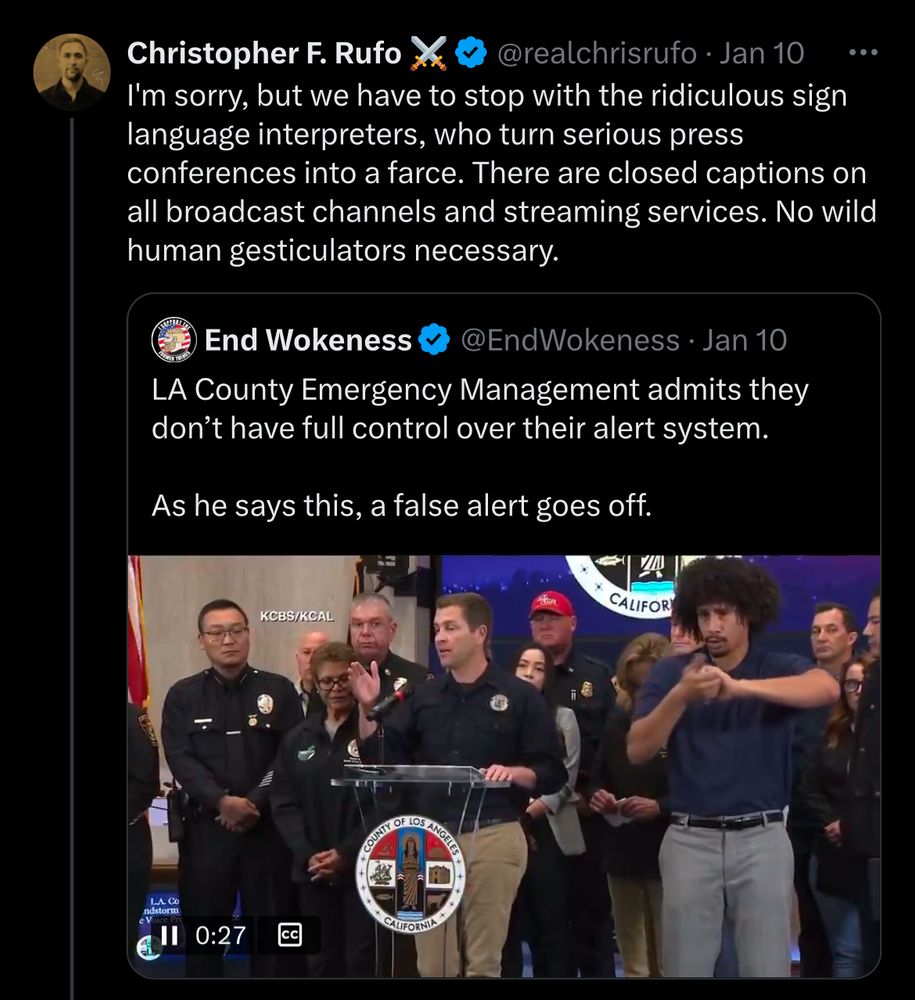 A screenshot of Christopher Rufo attacking American Sign Language