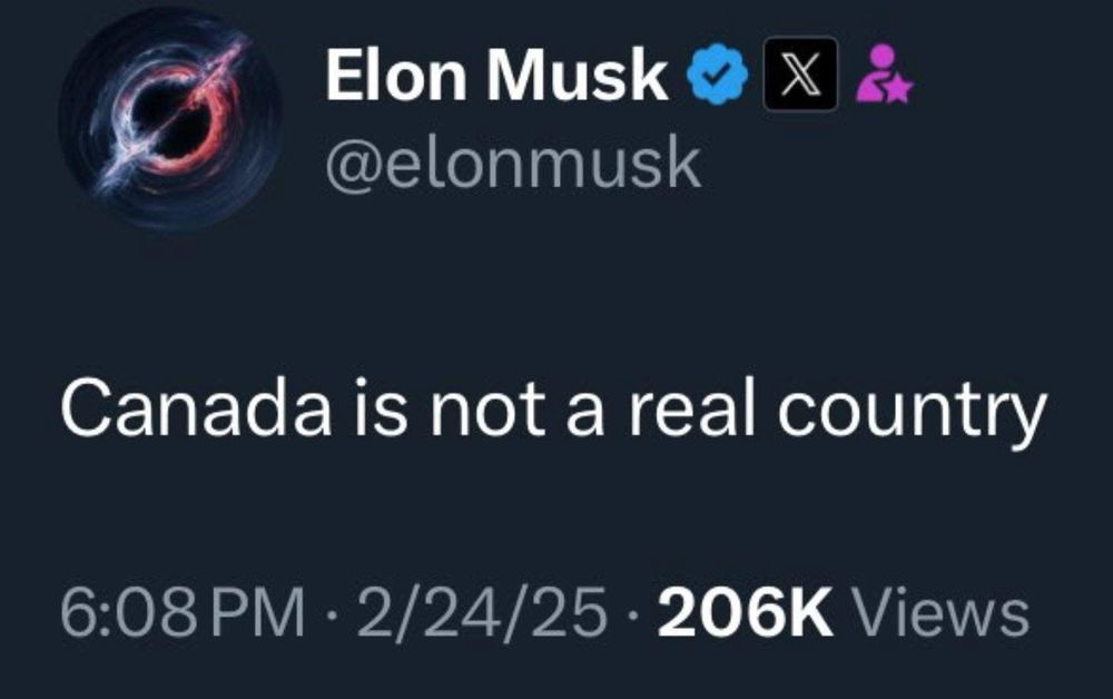 A tweet by Elon Musk stating Canada is not a real country
