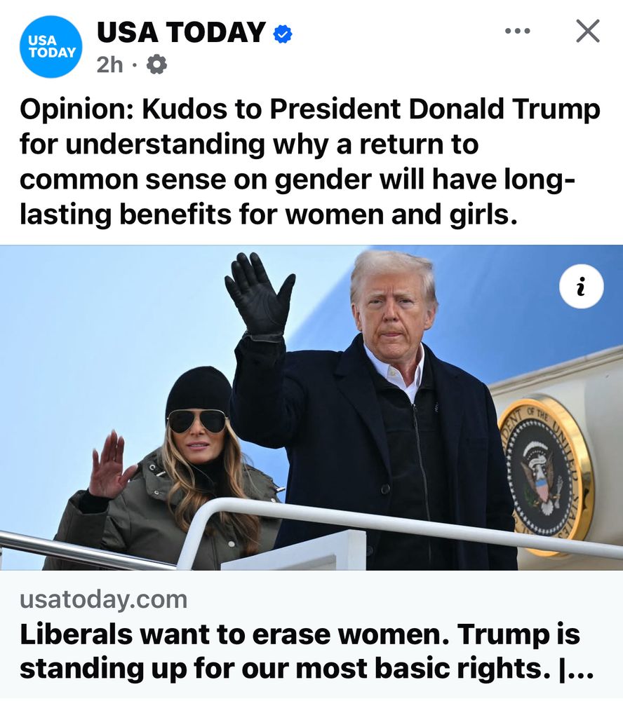 A screenshot from USA today claiming that liberals want to erase women and Trump is standing up for women’s rights