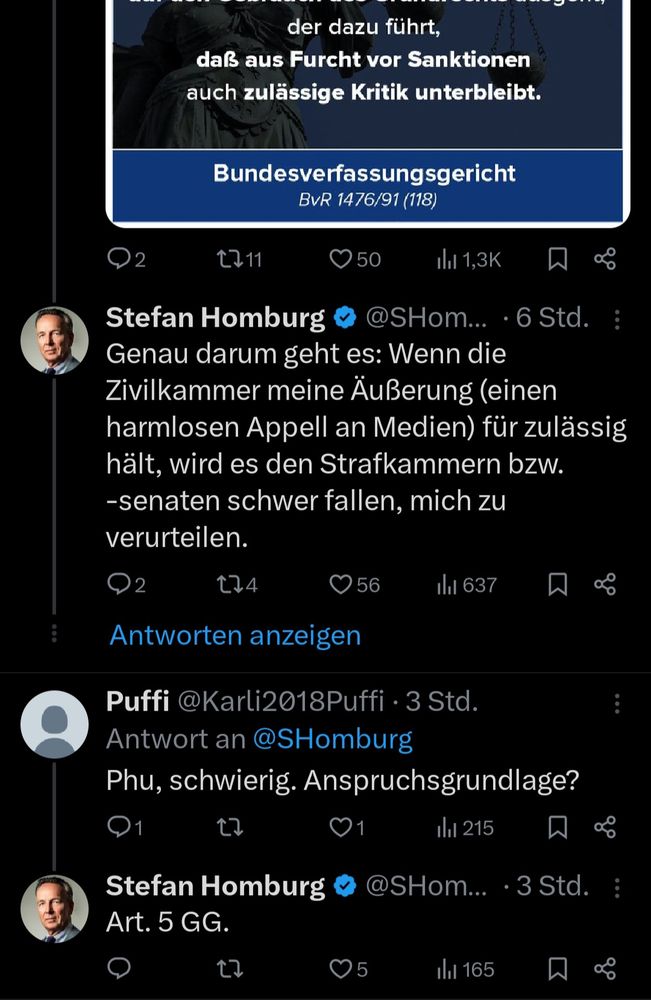 Tweet, in dem Homburg die These aufstellt, die Strafrichter am Landgericht Hannover oder am OLG Cell würden ihre Entscheidungen von der Rechtsprechung der Zivilkammern am Landgericht München abhängig machen. 