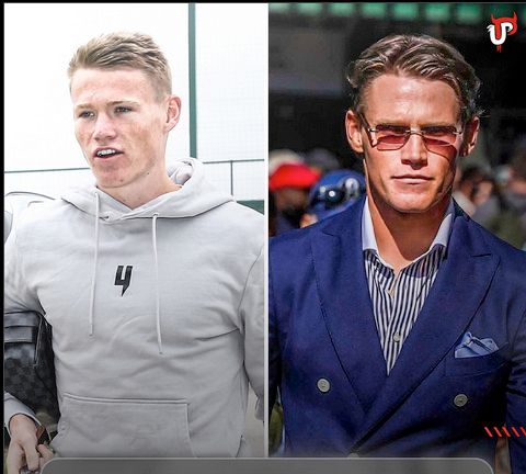 Zwei Männer in einem Split-Bild. Links steht ein junger Mann mit kurzem, hellbraunem Haar in einem hellgrauen Hoodie. Er schaut leicht zur Seite und hat eine sportliche, entspannte Ausstrahlung. Rechts steht ein älter wirkender Mann mit gegelten, dunkleren Haaren und einem blauen Anzug mit gestreiftem Hemd. Er trägt getönte Sonnenbrillen und wirkt elegant und selbstbewusst. Im Hintergrund sind unscharfe Menschen und Außenlicht zu erkennen.