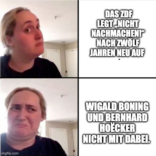 Zweiteiliges Meme mit einer Frau, die im ersten Bild interessiert und erwartungsvoll schaut und im zweiten Bild angewidert das Gesicht verzieht.
Oben steht der Text: „Das ZDF legt ‚Nicht nachmachen!‘ nach zwölf Jahren neu auf.“
Unten steht: „Wigald Boning und Bernhard Hoëcker nicht mit dabei.“