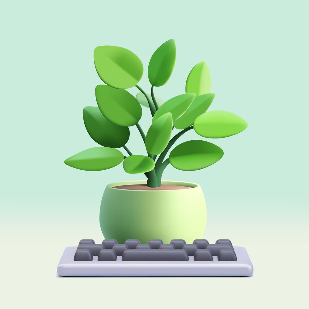 The new logo for The Code Gardener is a simplified 3-d rendering of a keyboard in front of a potted plant.