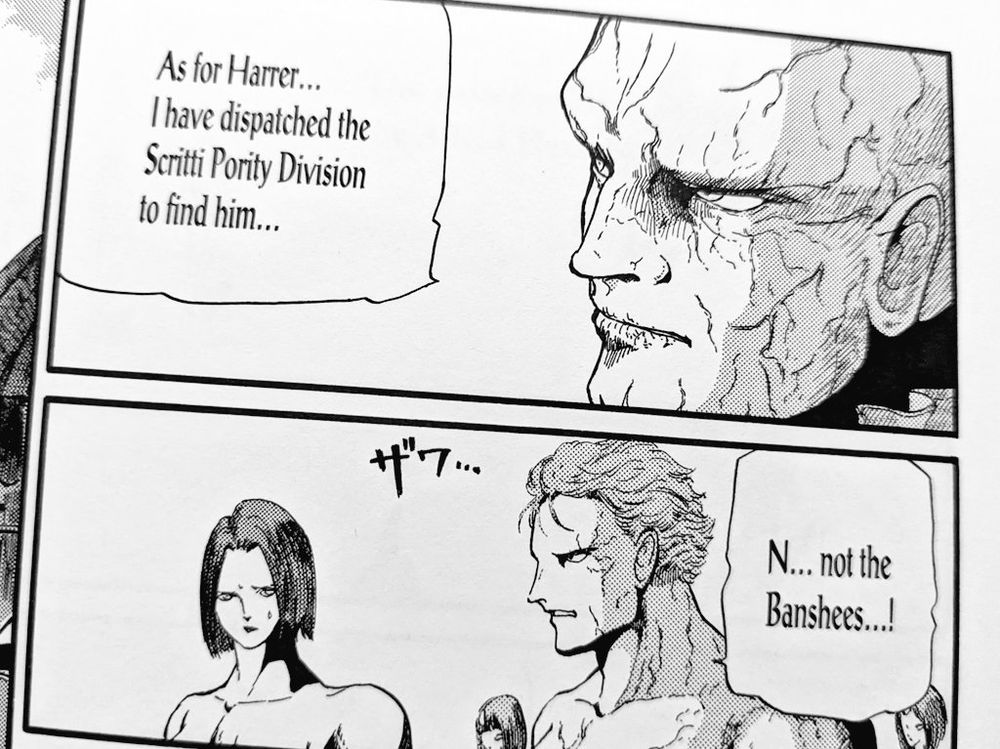 "As for Harrer... I have dispatched the Scritty Pority Division to find him..."

"N...not the Banshees...!"