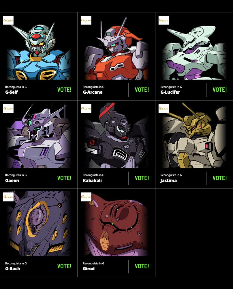 Screenshot of the G-Reco section of the Vote Gundam site. Includes G-Self, G-Arcane, G-Lucifer, Gaeon, Kabakali, Jastima, G-Rach, and Girod.