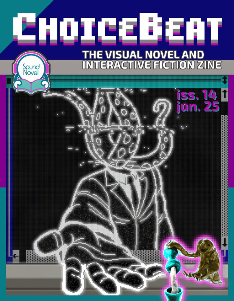 Cover of ChoiceBeat: The Visual Novel and Interactive Fiction Zine. A man in a suit with tentacles over his head reaches through a pixelated computer screen.