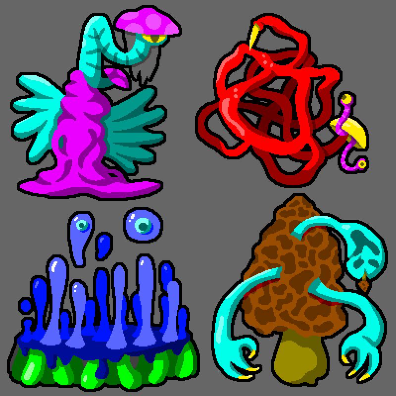 Four pixel art monsters. They are based on different mushrooms.
