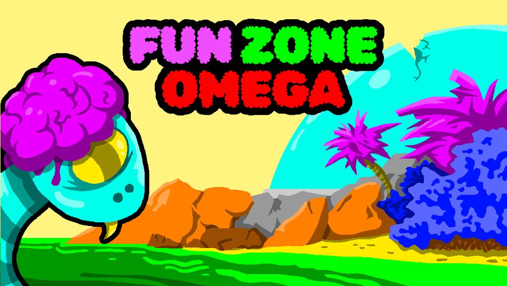 Pixel art title screen. Title says, "FUN ZONE OMEGA." There is a blue snake with a big brain in front of a tropical island. On the island is a glass dome with a crack in it.