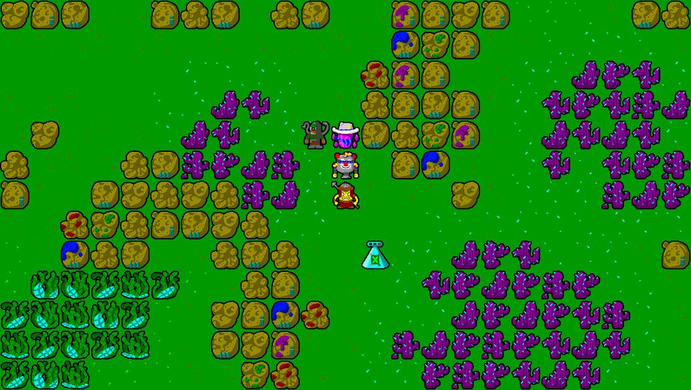Overhead map view form a JRPG-style game with pixel graphics. It shows 4 characters moving through a green natural environment.