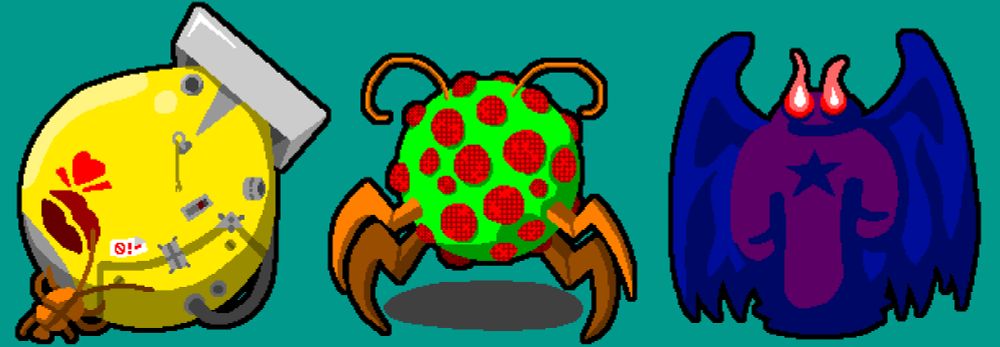 JRPG-style monster graphics in pixel art. 1) beetle pushing atomic bomb 2) insect orb with lots of eyes 3) shadowy winged humanoid with glowing eyes