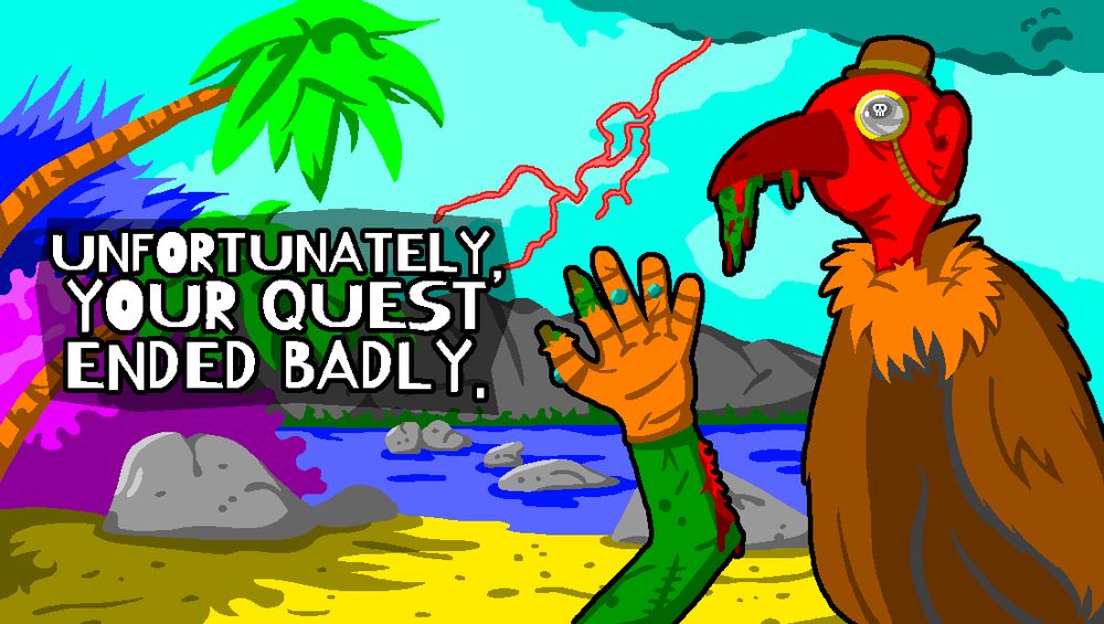 Pixel art of a culture with a hat and monocle eating a decaying hand. The background is a tropical island. The text reads, "Unfortunately, your quest ended badly."