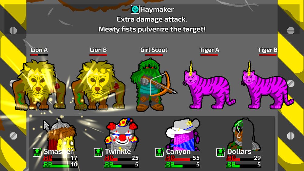 Battle screen from a JRPG-style game. The enemies are 2 lions, 2 tigers, and a girl scout that looks like a hunter.