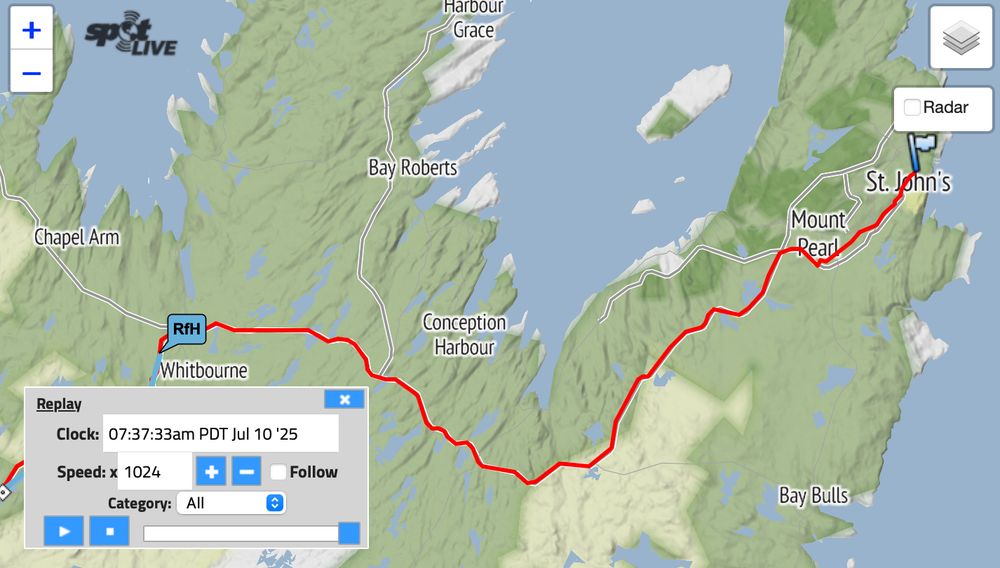 Map of the remaining cycle route from Vancouver to St. John's, Newfoundland, as of 10:30 EST on July 10th, 2025.
