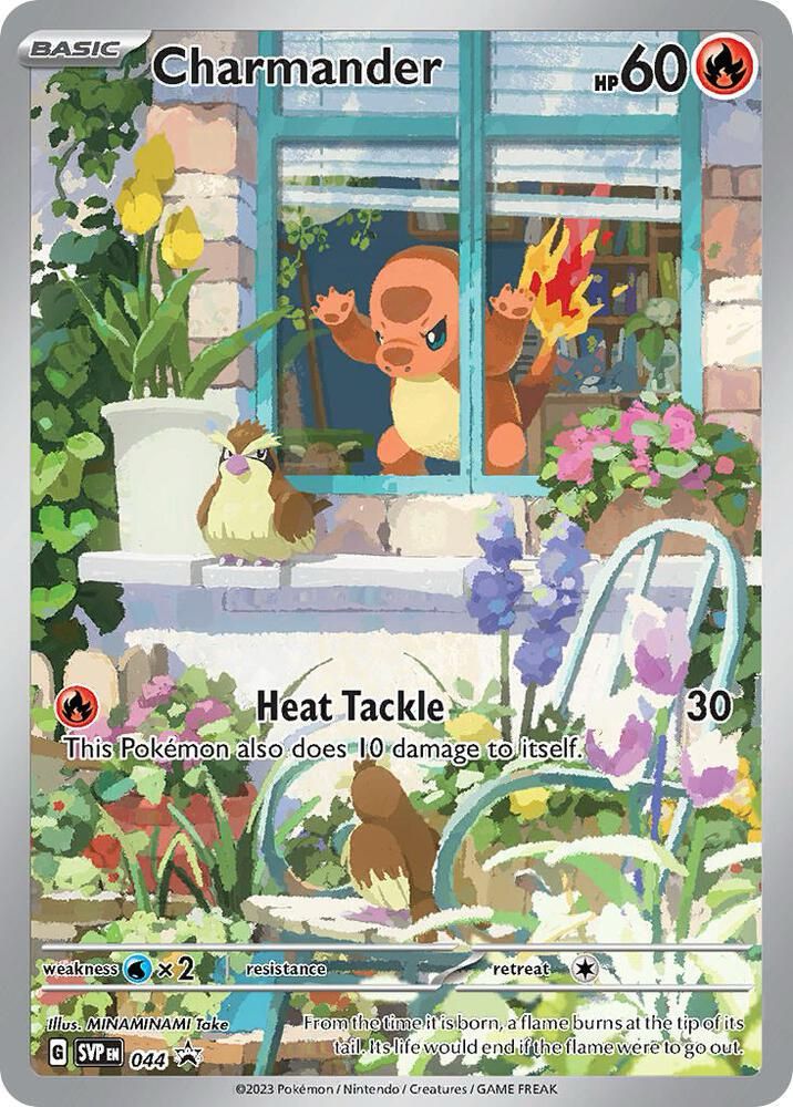 Image of Pokémon card SVP 044, a Charmander Promo art featuring a Pidgey sitting on an outside windowsill and a charmander behind the window on the inside pressed against the glass angrily looking at the pidgey.
