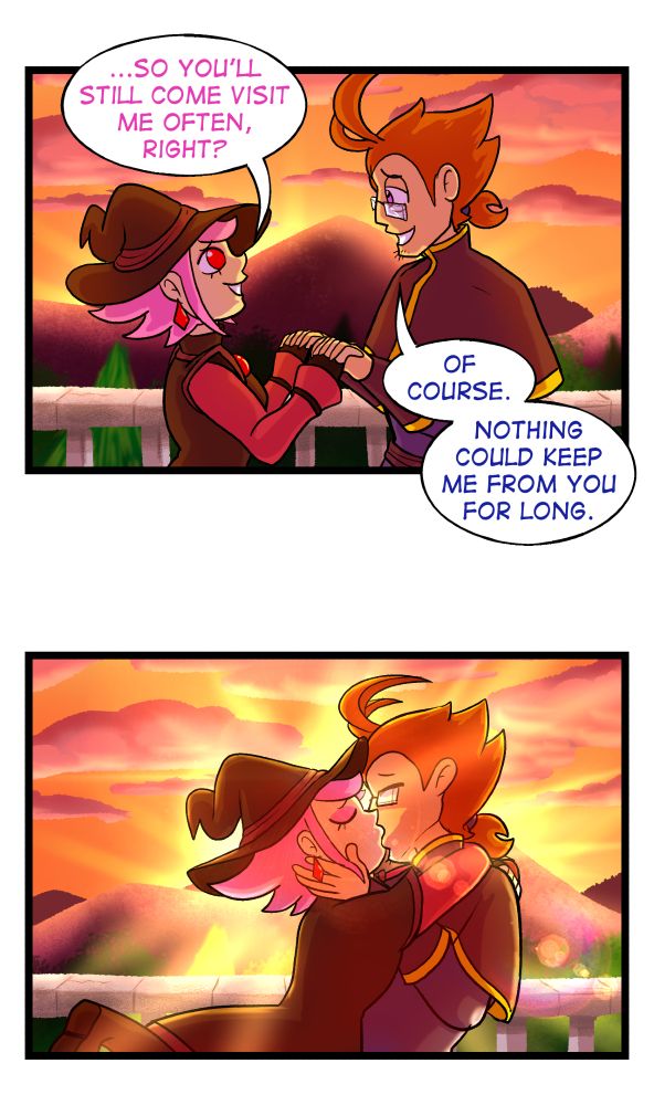 Panel 7: The scene zooms out to a side view of Galem and Vivian holding each other's hands as they look into each other's eyes. 

Vivian continues her sentence at the end of Panel 6 with "...So you'll still come visit me often, right?"

Galem smiles and replies "Of couse. Nothing could keep me from you for long"

Panel 8: There is no dialogue. Galem and Vivian pull each other into a loving embrace and share a deep, passionate kiss. The background lighting from the sunset is exaggerated to accentuate the beauty of their love.
