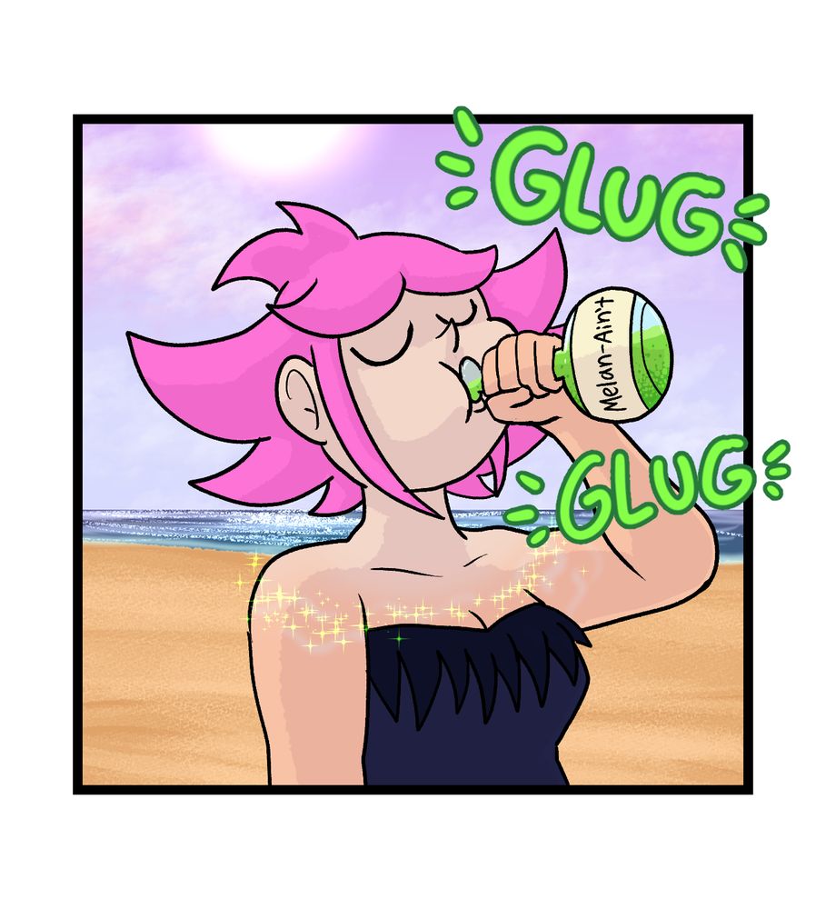 Panel 3:

Vivian drinks the lime-green potion labeled "Melan-Aint", as she does, her tan fades away to her regular pale skin color
