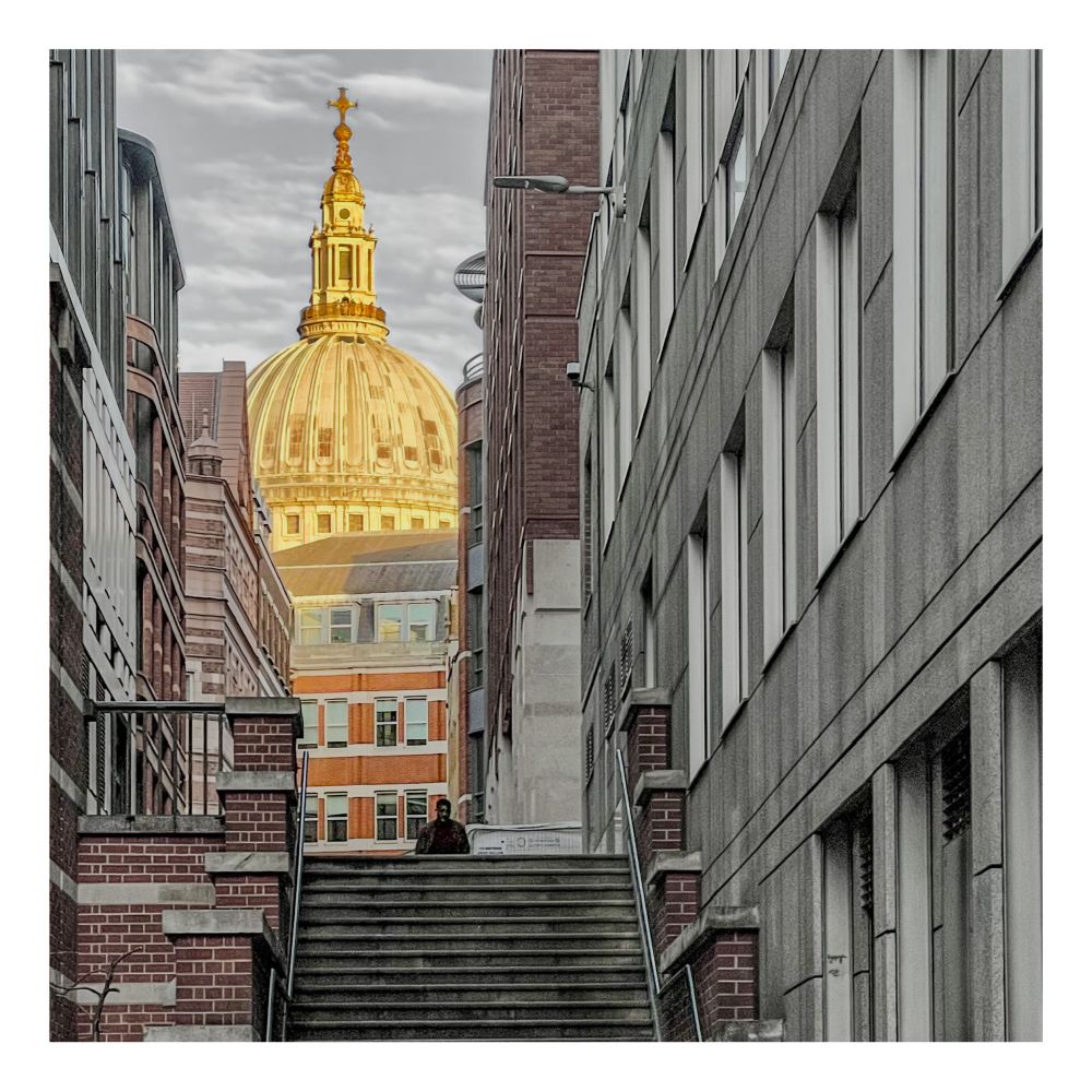A view of the dome of the cathedral caught in the sunlight giving it a golden hue, emphasised by the relatively dingy buildings around it. 