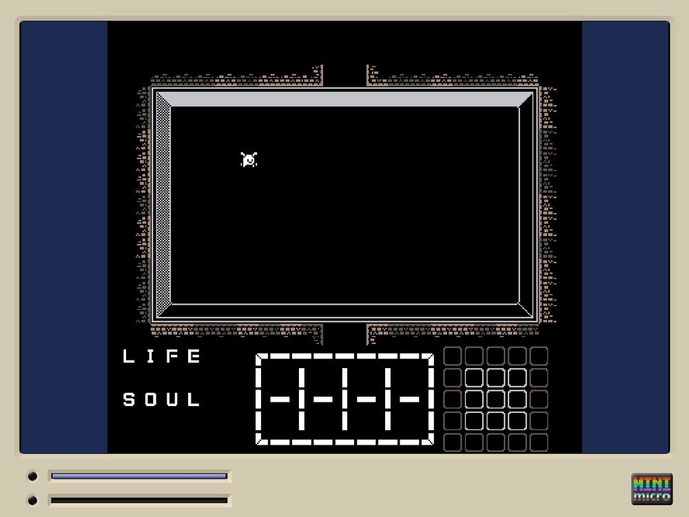 A screenshot of a game being developed in Mini Micro. A player character is standing in an empty room. The user interface below the room is empty.