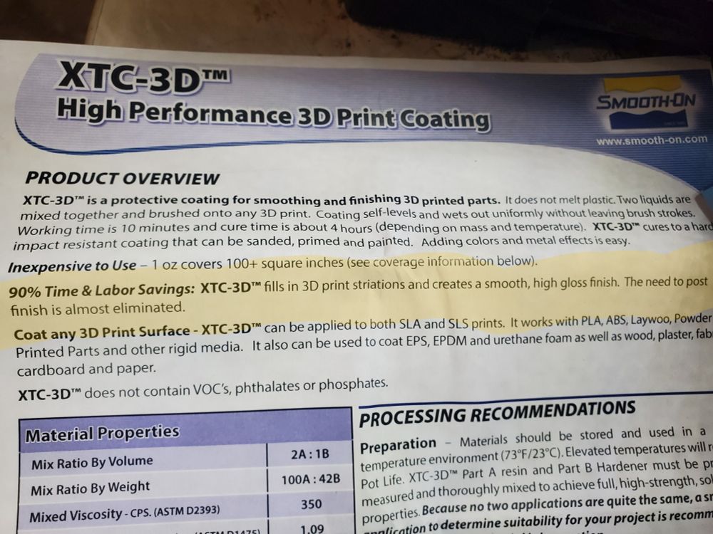 A page of instructions for Smooth-On XTC-3D epoxy coating. "90% Time & Labor Savings: XTC-3D fills in 3D print striations and creates a smooth, high-gloss finish. The need to post finish is almost eliminated." has been highlighted in yellow.