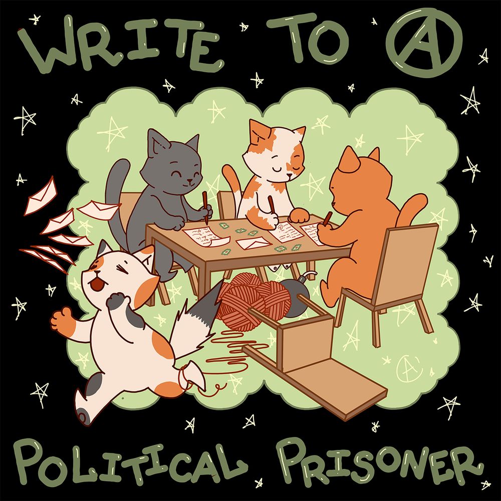 a cartoonish image. A group of cats sit at a table and write letters. The table they are at has balls of yarn beneath it. One cat has stood up and become entangled in the yarn and is tripping while a stack of envelopes they carried flies in the air. Text reads "Write To a political prisoner" 