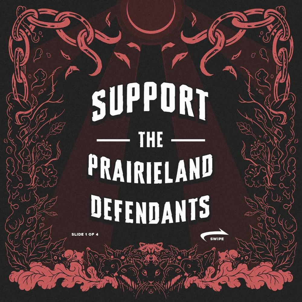 a series of info slides on the DFW prarieland defendants with a decorative border showing breaking chains and various animals 


Support the prarieland defendants 
